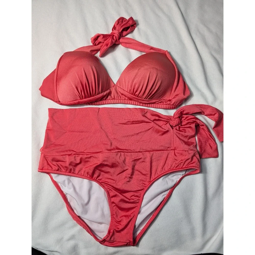 Venus Coral Pink Halter Bikini Set High Waist Side Tie Swimsuit DDD / 16 sku 459